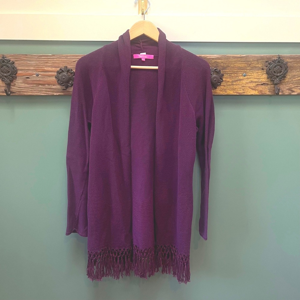 Lilly Pulitzer Purple Fringe Hem Open Front Cardigan Tatum Sweater Womens Medium